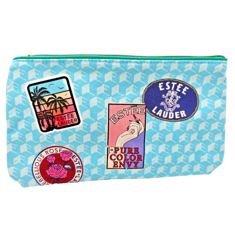 Estée Lauder Blue Travel-Themed Cosmetic Bag Makeup Zipper Pouch Stylish Organiz